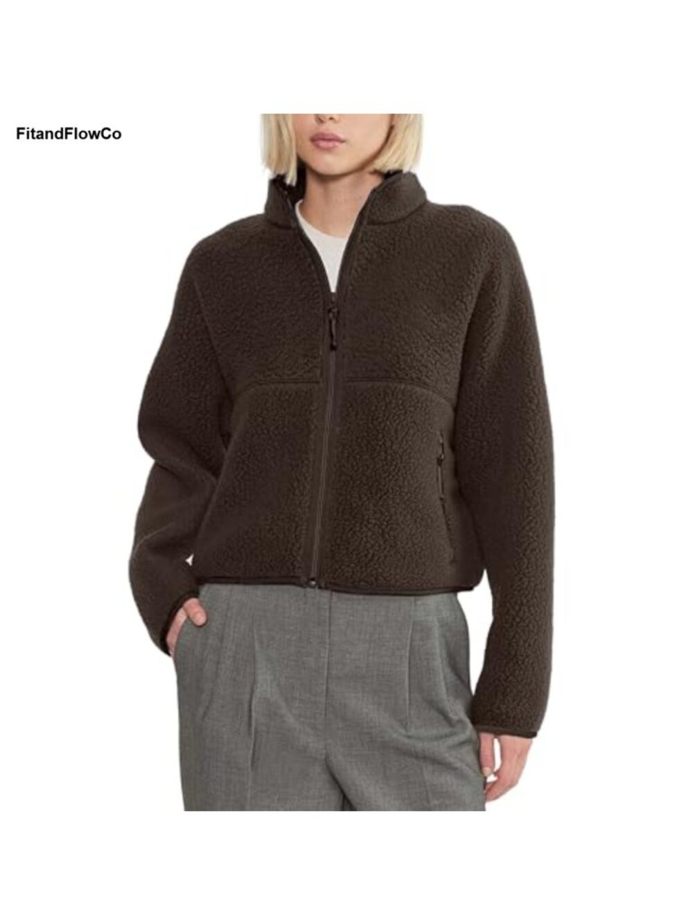 Sherpa Fleece Zip Up Jacket Stand Collar Loose Fit Women's Warm Coat